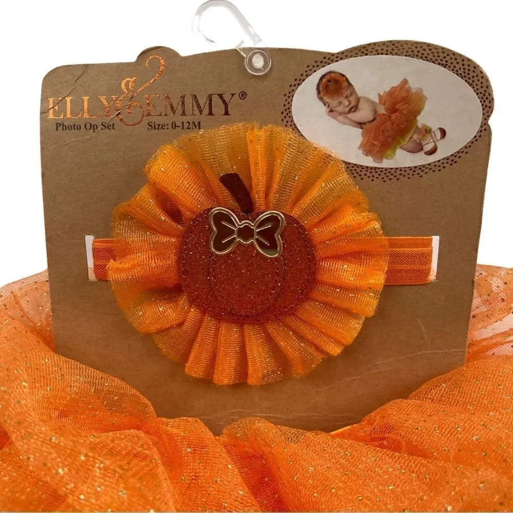 ELLY & EMMY 3 piece Baby Orange Pumpkin Fall Tutu Set 0 To 12 Month NWT